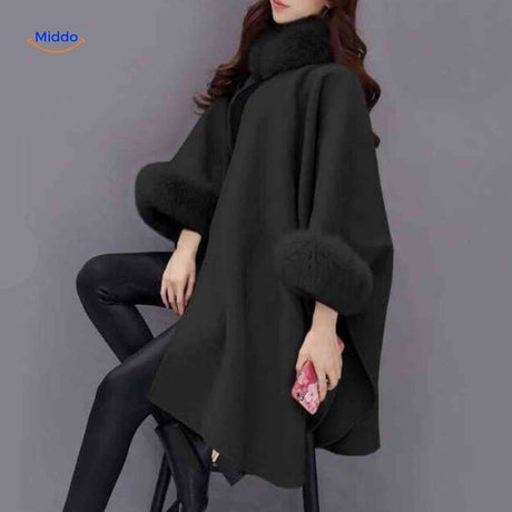 poncho femme coloris noir avec col en fausse fourrure élégant