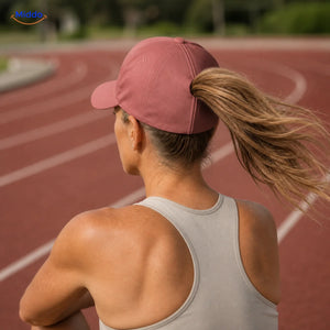 Femme aux cheveux blond foncé portant une Ponylite rose rouge pendant la course