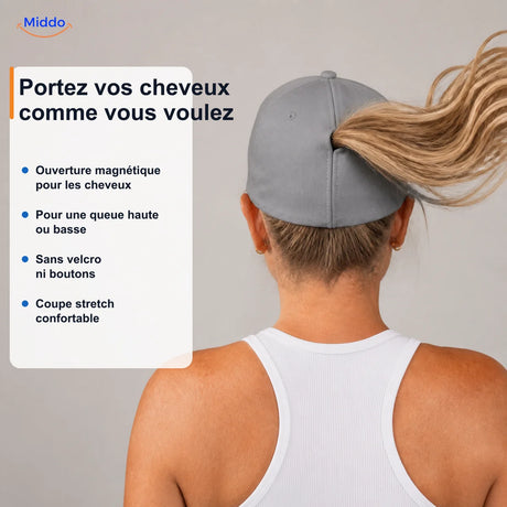 Femme blonde montrant comment les cheveux passent localement dans la couture magnétique de la Ponylite