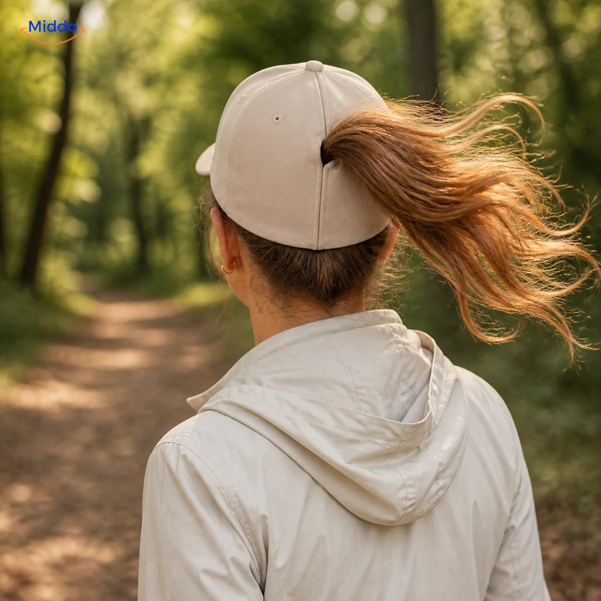 Femme aux cheveux châtains portant une Ponylite beige lors d’une promenade en forêt