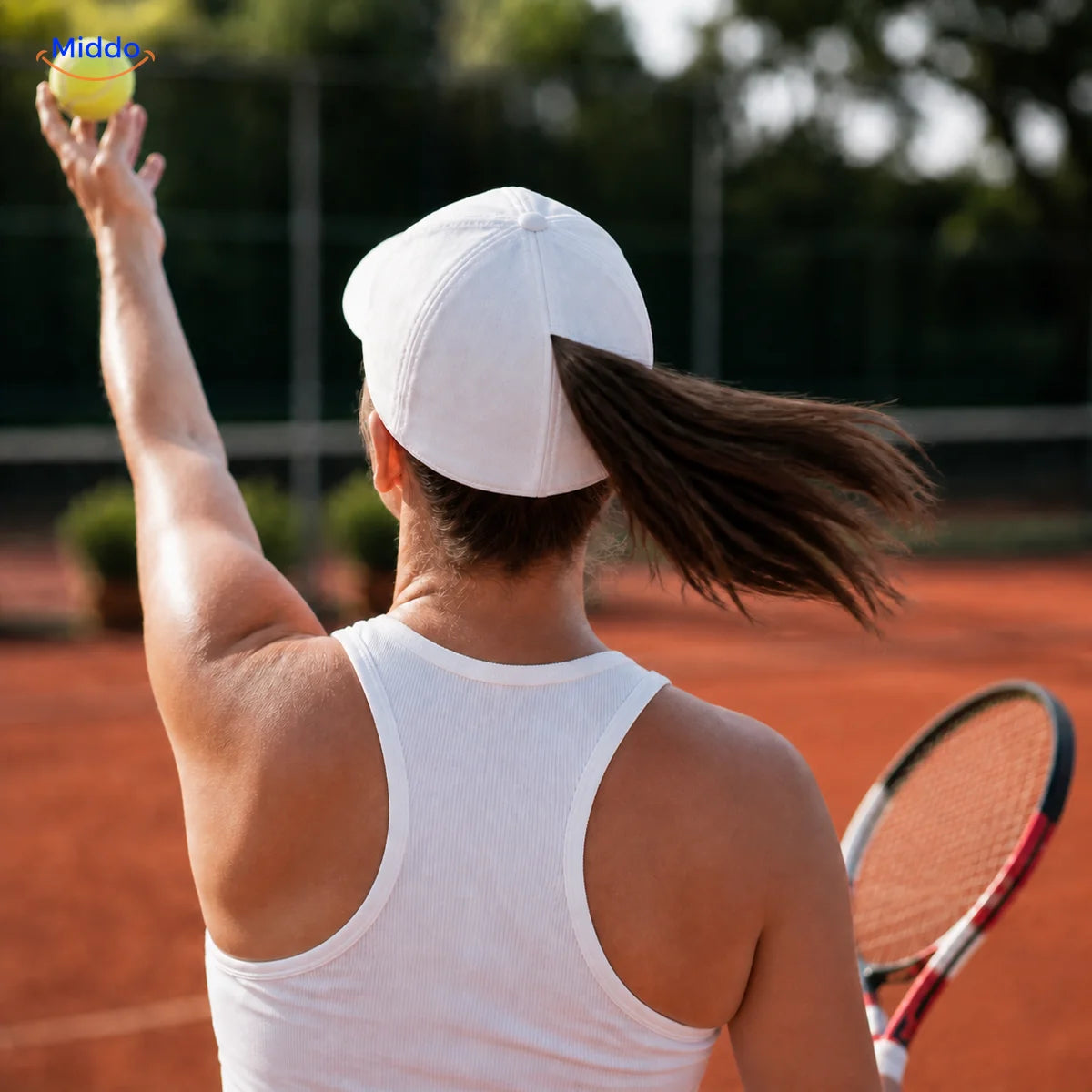 Femme aux cheveux bruns portant au tennis une Ponylite blanche à couture magnétique