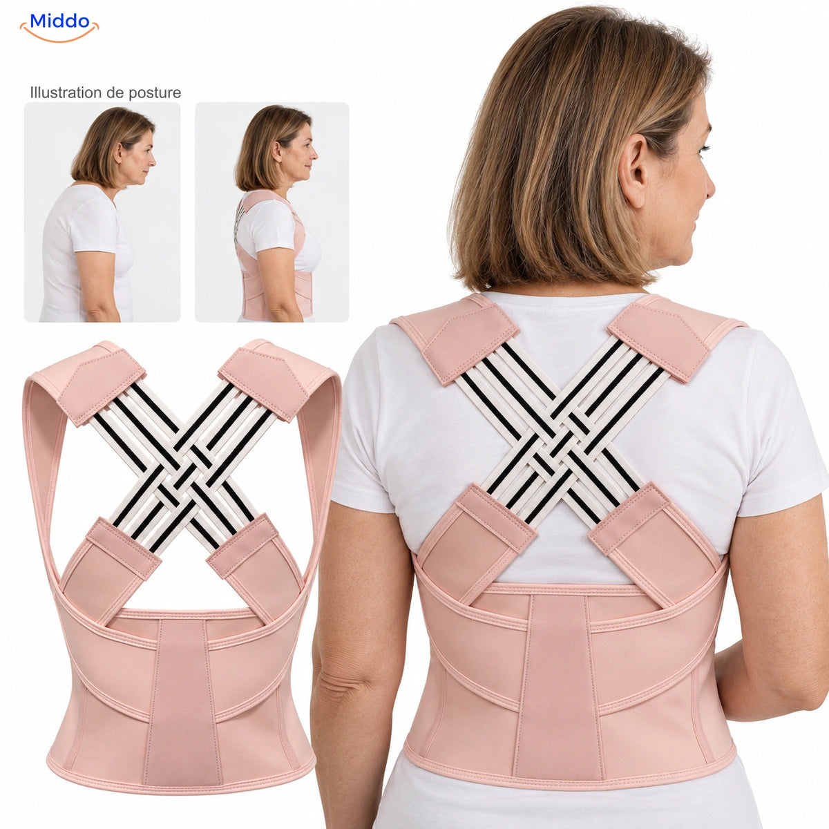 Rose — Postura soutien dorsal avec modèle de 50 ans et illustration de posture