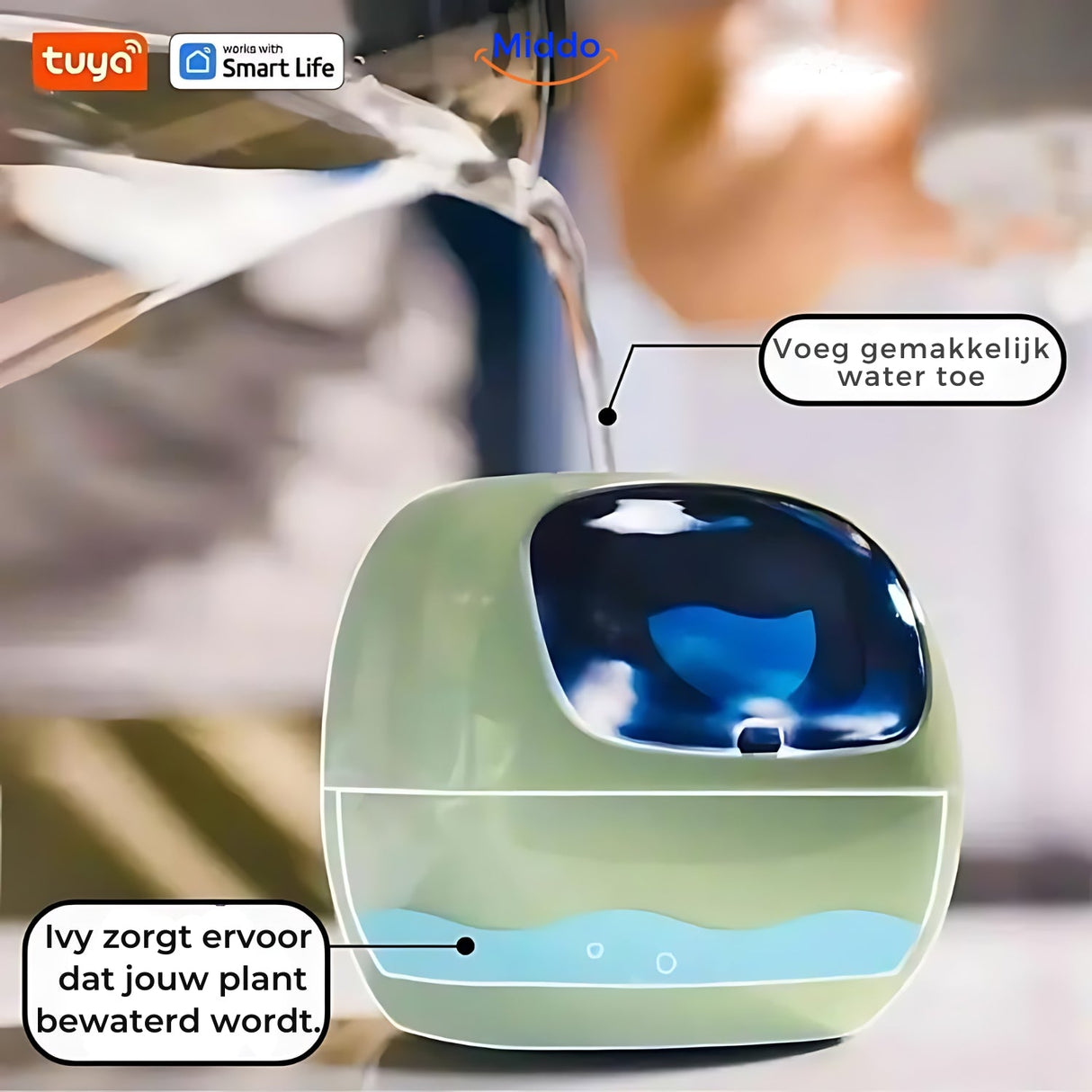 pot de fleurs intelligent vert avec arrosage automatique intégré, remplissage du réservoir
