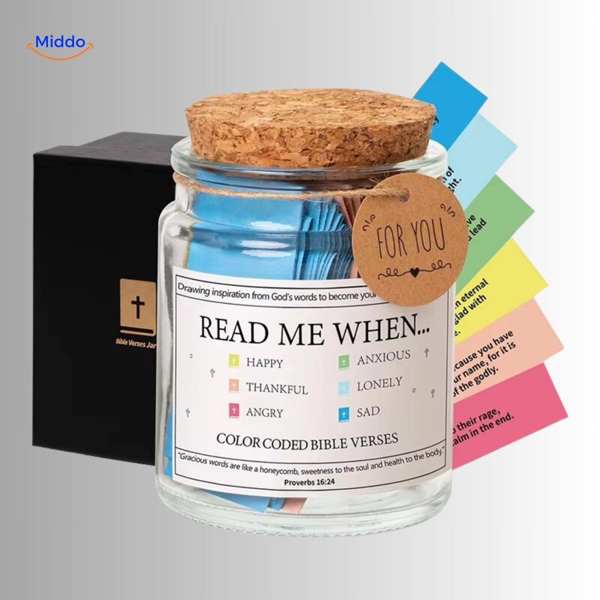 pot de prière avec versets bibliques rangés dans un pot en verre transparent