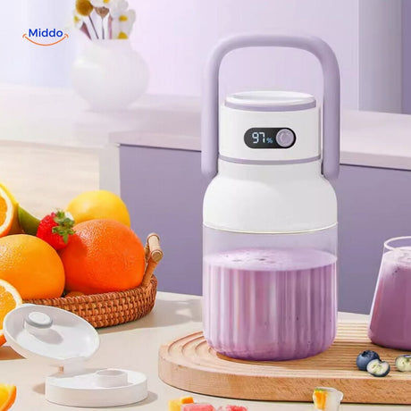 presse-fruits portable présentant différentes options de jus de fruits et légumes