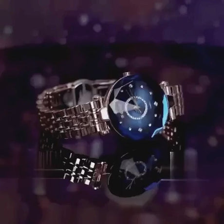 montre femme élégante en acier inoxydable or avec cadran bleu, animation en situation