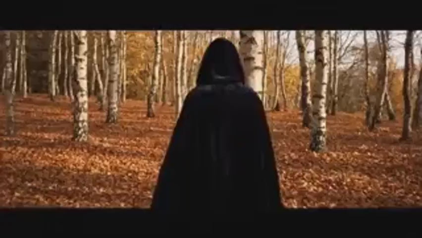 cape velours noire à capuche en forêt, atmosphère halloween mystérieuse