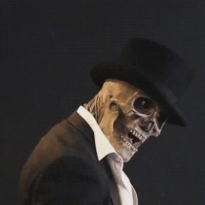 costume de squelette halloween avec chapeau et effet de tête qui pivote