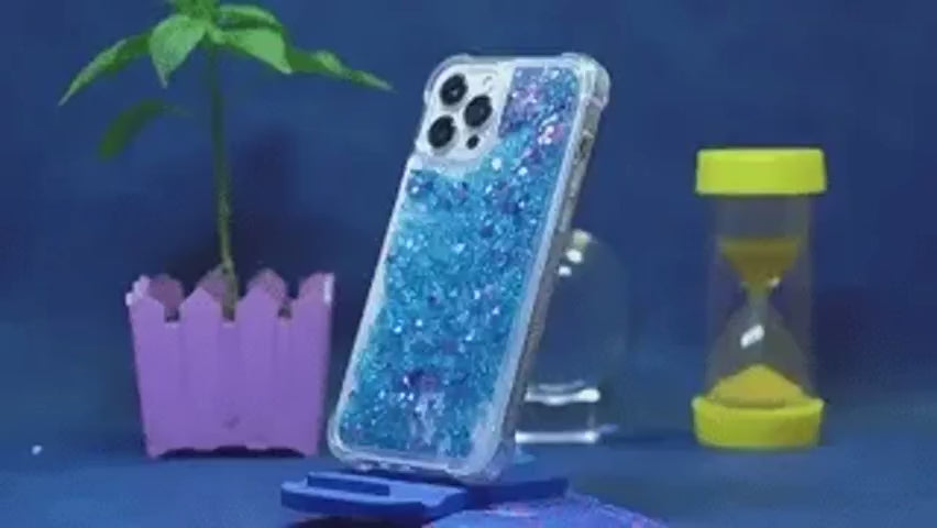 coque téléphone sable liquide bleu avec effet glitter et brillance scintillante