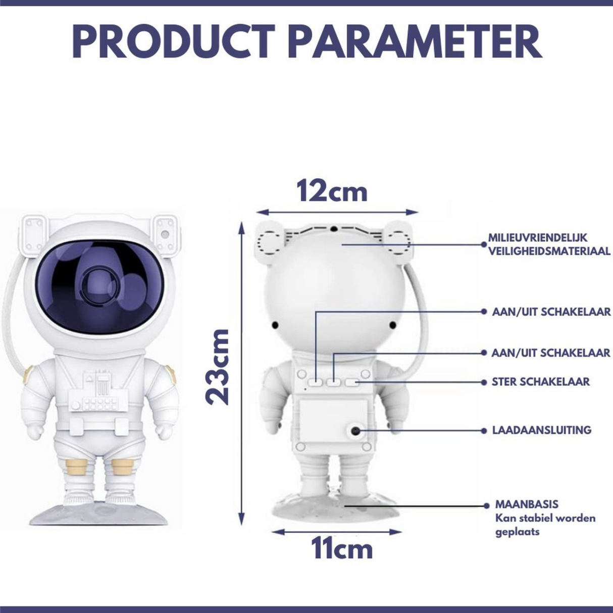 dimensions et taille du projecteur galaxie astronaute avec vue des mesures exactes