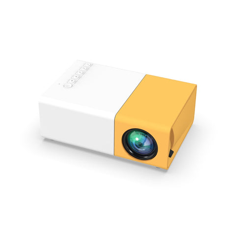 vue de trois quarts du projecteur HD portable compact, design moderne jaune et blanc