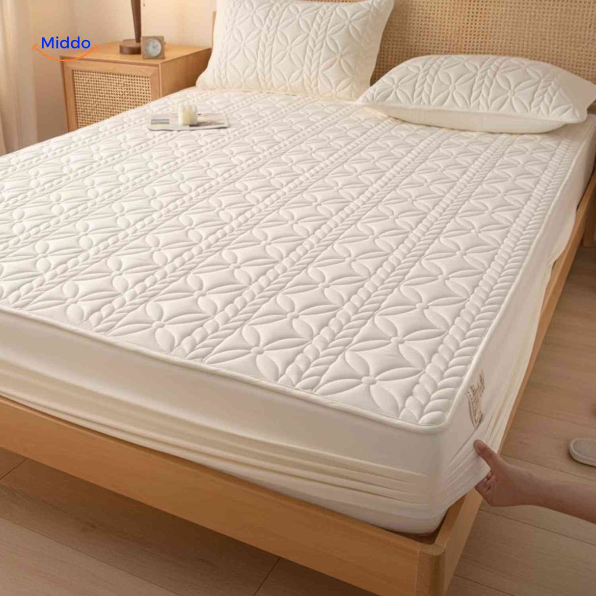 vue d'ensemble du protège-matelas luxe quilté posé sur un lit, aspect soigné et élégant