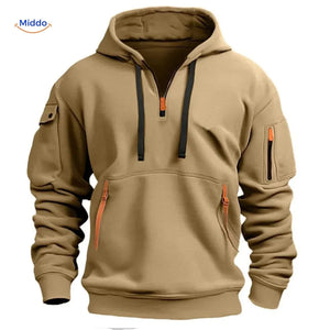 pull à capuche beige avec zippers orange, coloris doux et tendance lifestyle