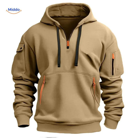 pull à capuche beige avec zippers orange, coloris doux et tendance lifestyle