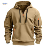 pull à capuche beige avec zippers orange, coloris doux et tendance lifestyle