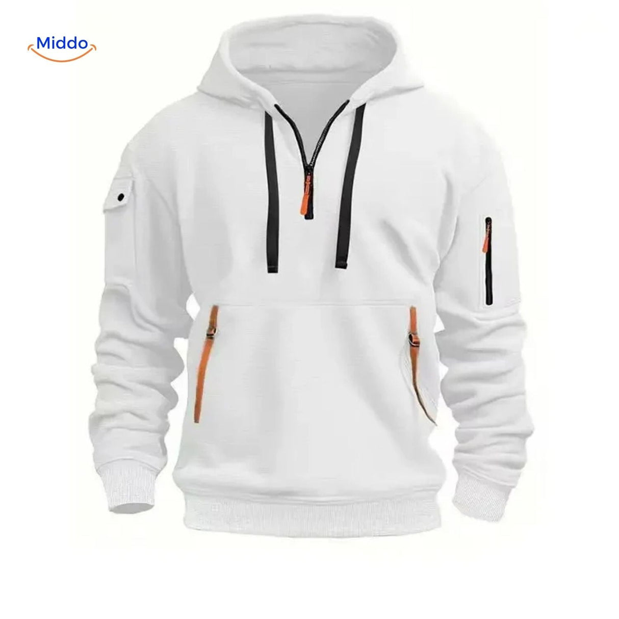 pull à capuche blanc avec zippers orange, style minimaliste et confort optimal