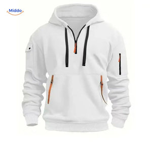 pull à capuche blanc avec zippers orange, style minimaliste et confort optimal