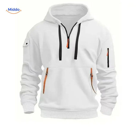 pull à capuche blanc avec zippers orange, style minimaliste et confort optimal