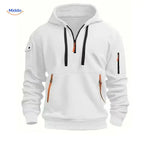pull à capuche blanc avec zippers orange, style minimaliste et confort optimal