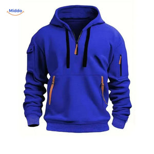 pull à capuche bleu avec zippers orange, coloris vif et matière douce et durable