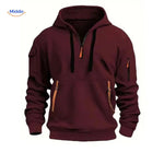 pull à capuche bordeaux avec zippers orange, coloris chaud et élégant pour l'automne