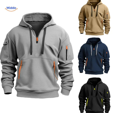 pull à capuche gris avec zippers orange, polyvalent et confortable pour toutes les saisons