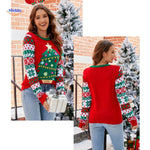 pull de noël rouge avec motif renne et broderies festives, tricot confortable pour les fêtes