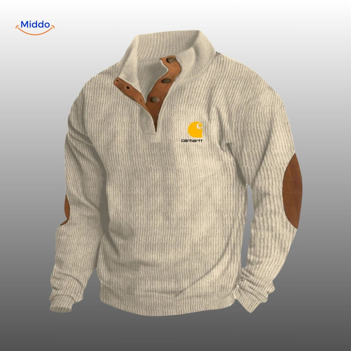 pull en velours côtelé gris clair avec accents marron, coupe casual et raffinée