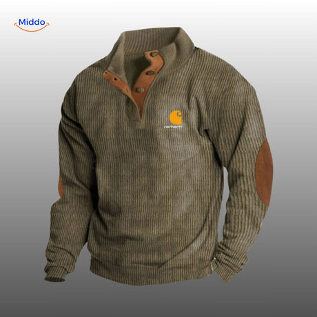 pull en velours côtelé vert olive foncé avec accents marron, style confortable et tendance