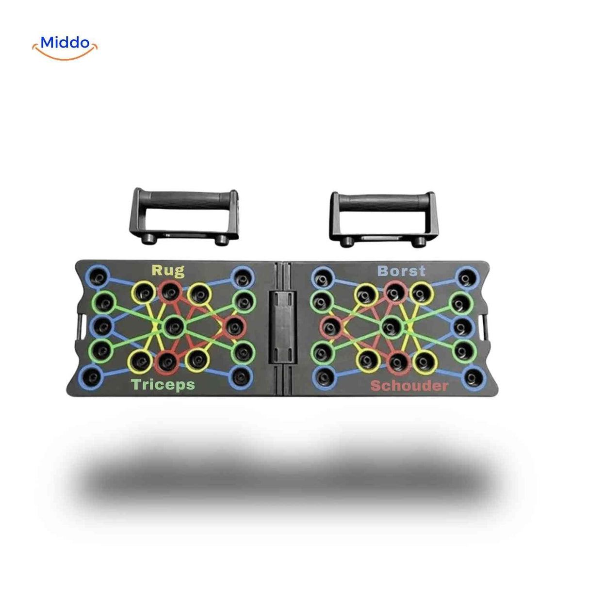 push-up board avec étiquettes identifiant chaque groupe musculaire ciblé