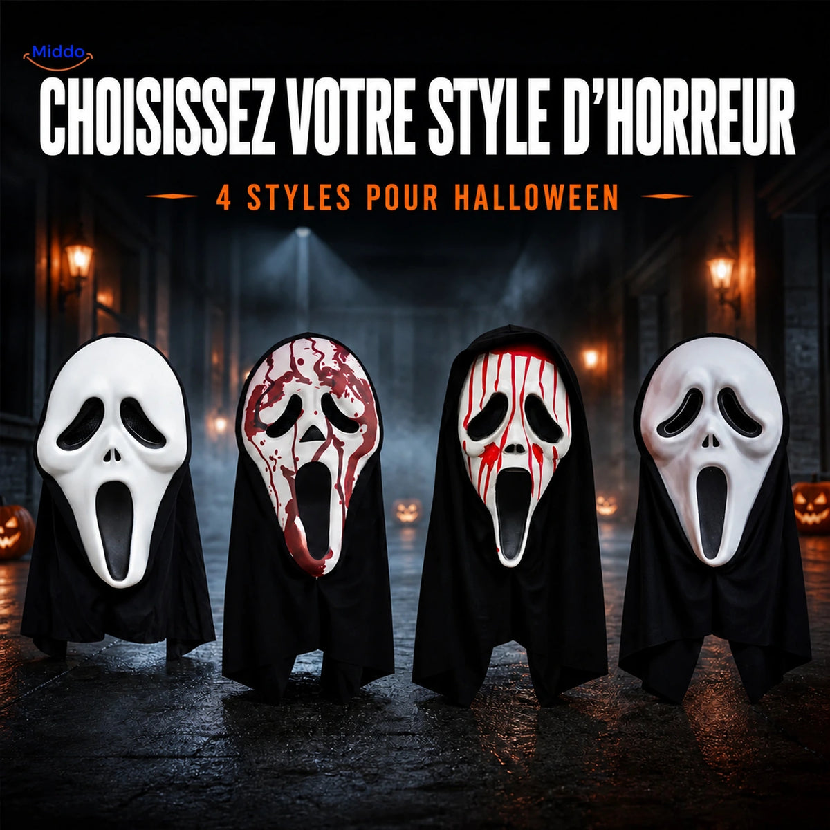 Quatre versions du masque d’Halloween Skullora dans un décor sombre de film d’horreur.