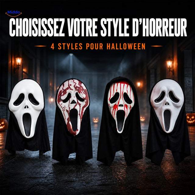 Quatre versions du masque d’Halloween Skullora dans un décor sombre de film d’horreur.