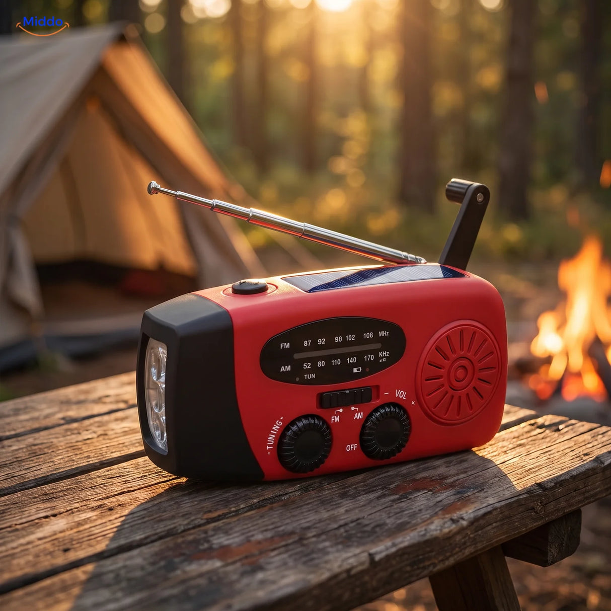 Radio d’urgence antenne déployée et manivelle dépliée sur une table de camping devant la tente