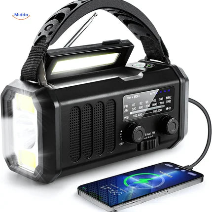 radio d'urgence noire avec alarme SOS, lampe LED et batterie intégrée pour la survie
