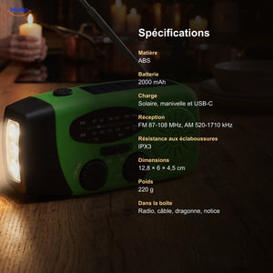 Spécifications de la radio d’urgence : ABS, 2000 mAh, IPX3, FM et AM, 220 g