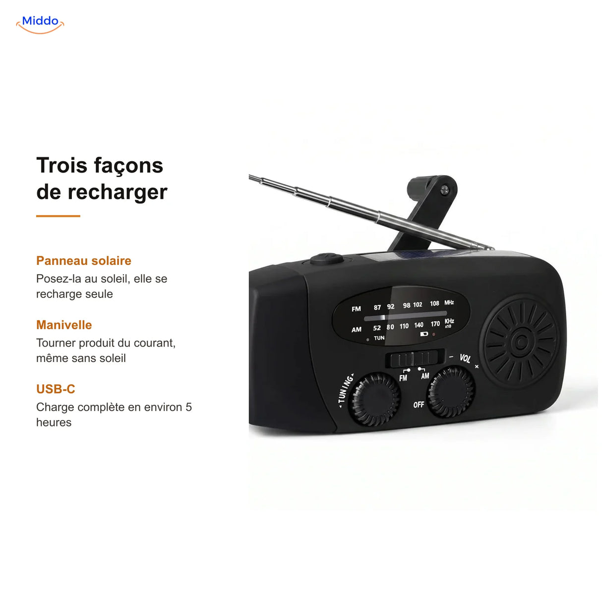 Trois façons de recharger la radio d’urgence : panneau solaire, manivelle et USB-C