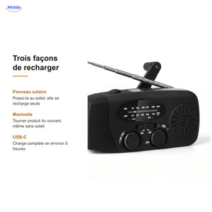 Trois façons de recharger la radio d’urgence : panneau solaire, manivelle et USB-C