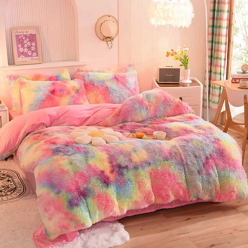 Parure de lit Teddy Fluffy en polaire, Tie-dye arc-en-ciel