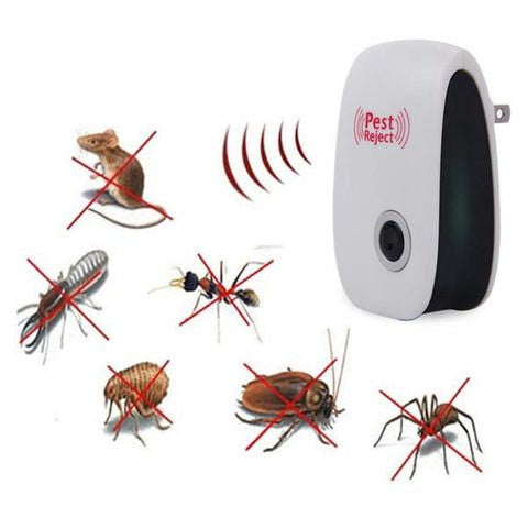 répulsif ultrasonique avec insectes et rongeurs repoussés symbolisés par des croix rouges