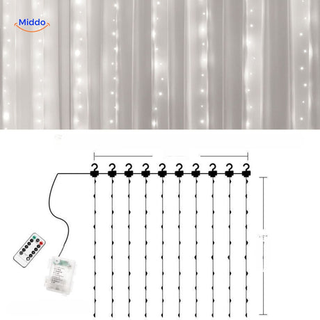 rideau led créant une ambiance lumineuse chaleureuse dans une pièce décorée