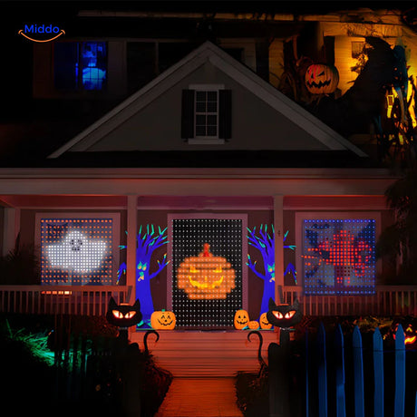rideau led thème halloween avec scènes animées et images lumineuses pour décoration festive