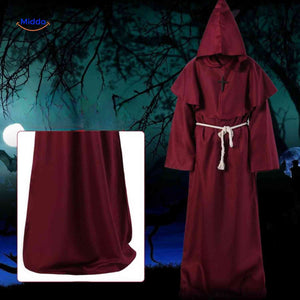 costume de moine médiéval rouge pour halloween, robe longue avec capuche en coloris bordeaux