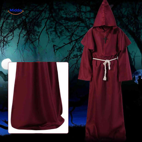 costume de moine médiéval rouge pour halloween, robe longue avec capuche en coloris bordeaux