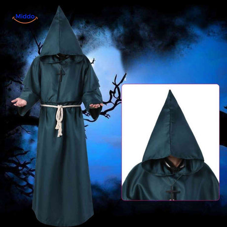 costume de moine à capuche vert pour halloween, robe médiévale portée en plein air