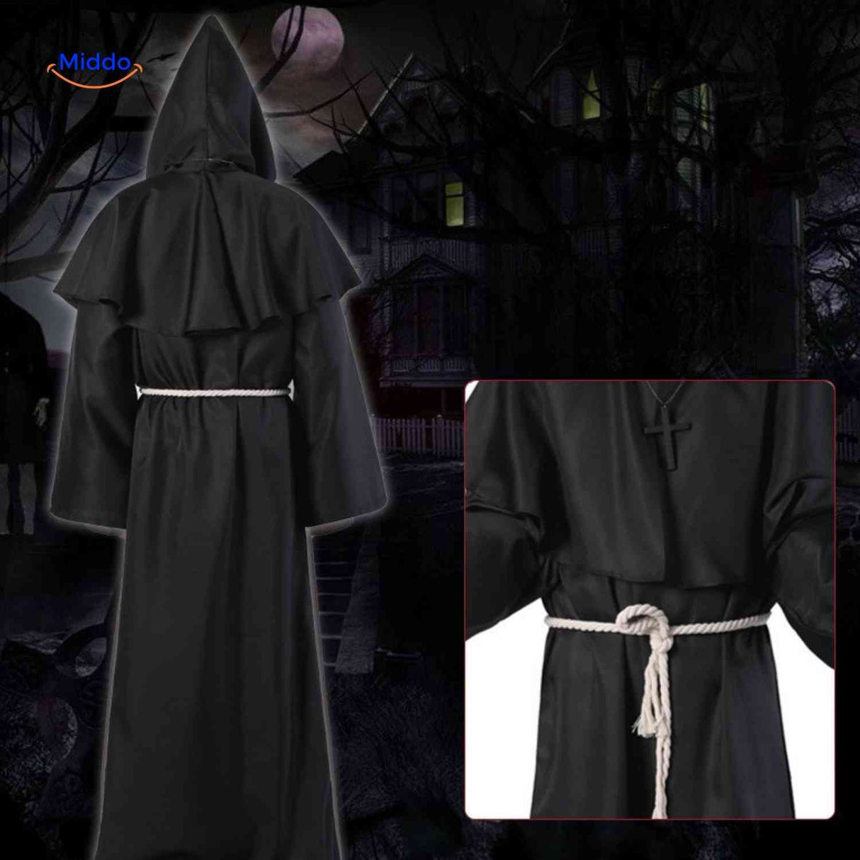costume de prêtre noir à capuche pour halloween, robe médiévale sobre et élégante