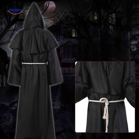 costume de prêtre noir à capuche pour halloween, robe médiévale sobre et élégante