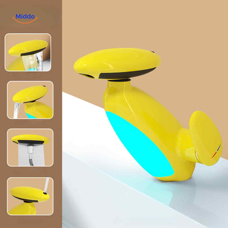 robinet extensible coloris jaune moderne et économe en eau pour salle de bain