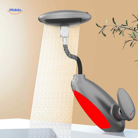robinet extensible gris et rouge avec pommeau de douche à main intégré