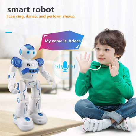 robot arlock bleu avec yeux LED lumineux, commande gestuelle, chant et danse pour enfants