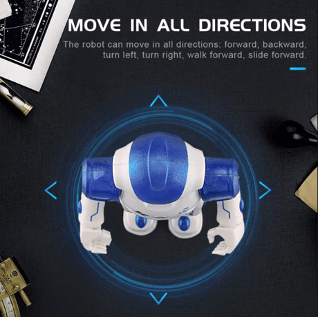 infographie robot arlock bleu : commande gestuelle, evitement d'obstacles, chant, danse et education